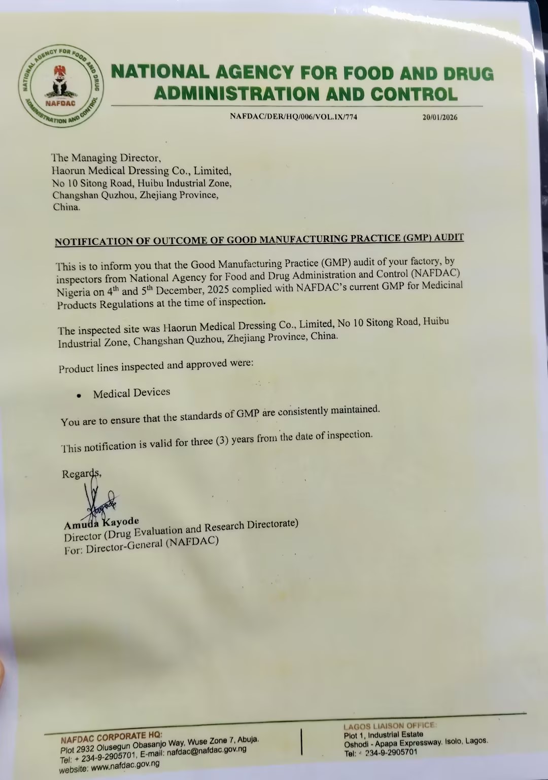 Haorun Medical Products mottar offisielt NAFDAC-registreringssertifisering i Nigeria